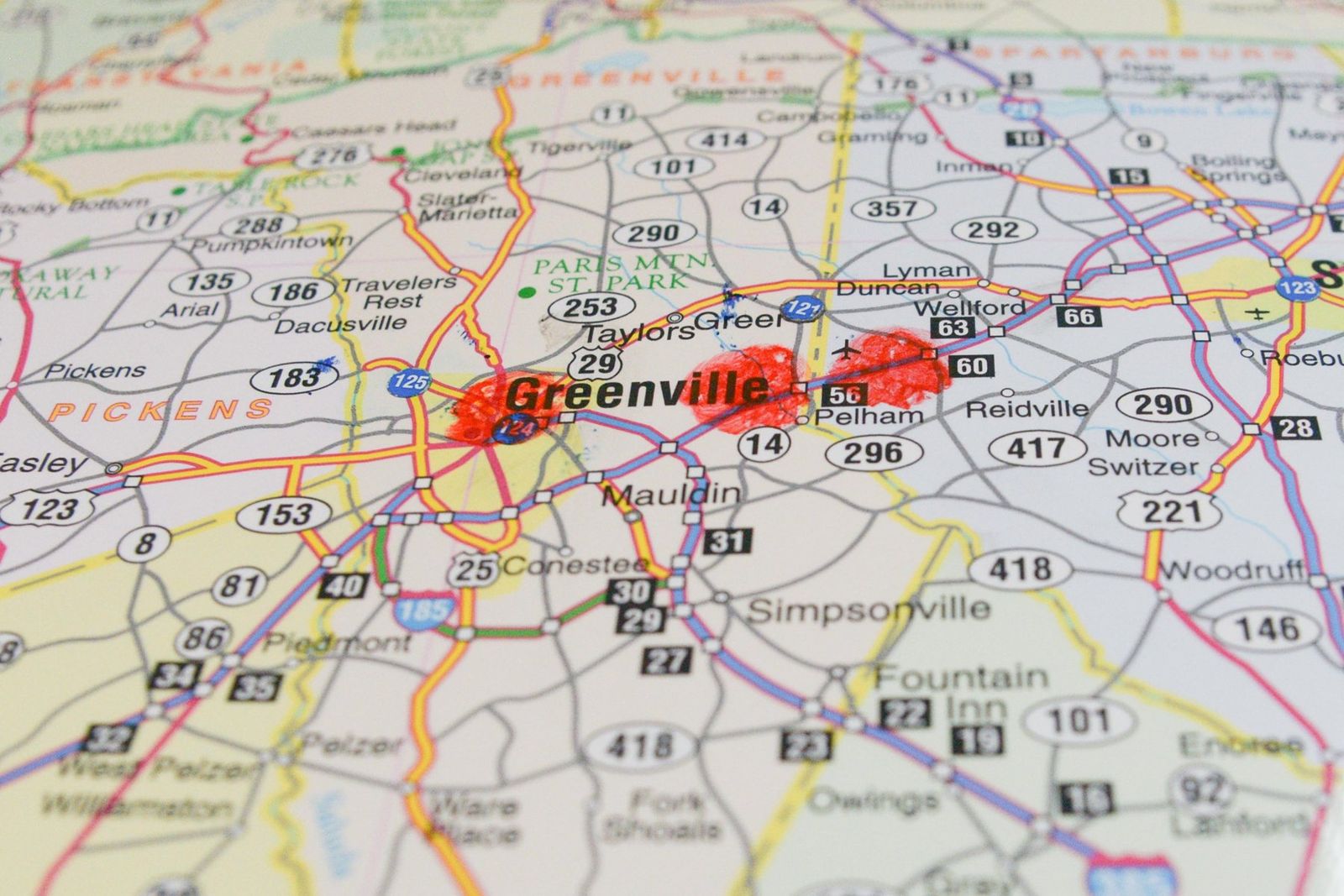 Map of the Greenville and Greer, SC area with ACME's home marked in red